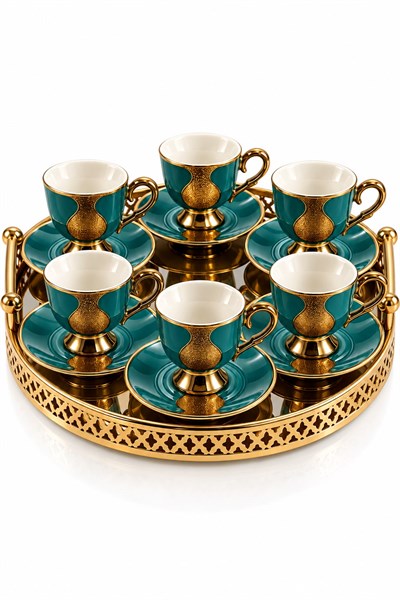 6lı Gold Damla Desenli Fincan Takımı Zümrüt Yeşili