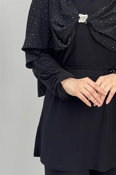 Kadın Beli Kemer Detaylı Taşlı Sandy Takım Siyah