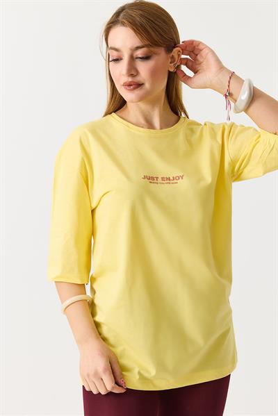 Kadın Yazı Baskılı Bisiklet Yaka Tshirt Sarı