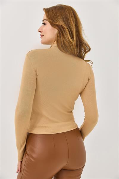 Boğazlı Kaşmir Transparan Uzun Kollu Bluz Vizon