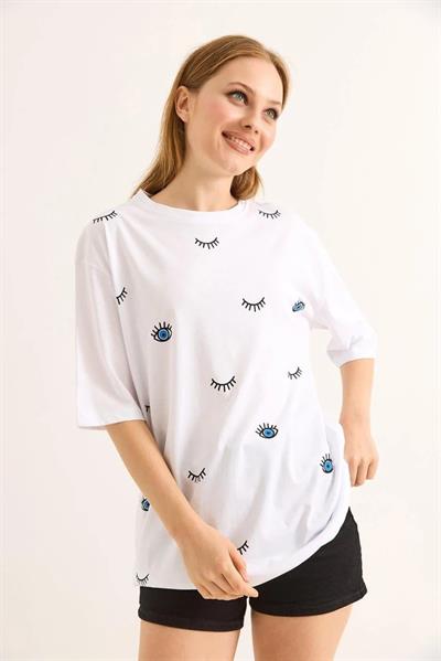 Kadın Bisiklet Yaka Göz Baskılı Oversize Tshirt Beyaz