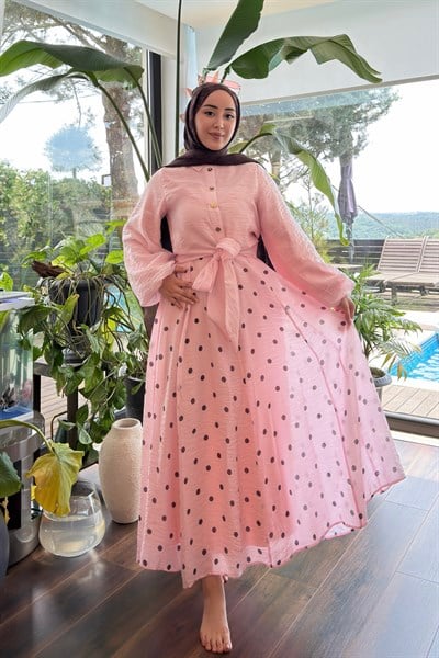 Kadın Eteği Puantiyeli Gömlek Takım Pembe