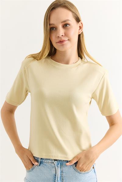Vatkalı Bisiklet Yaka Basic Tshirt Vizon