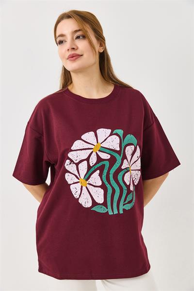 Baskılı Bisiklet Yaka Tshirt Bordo