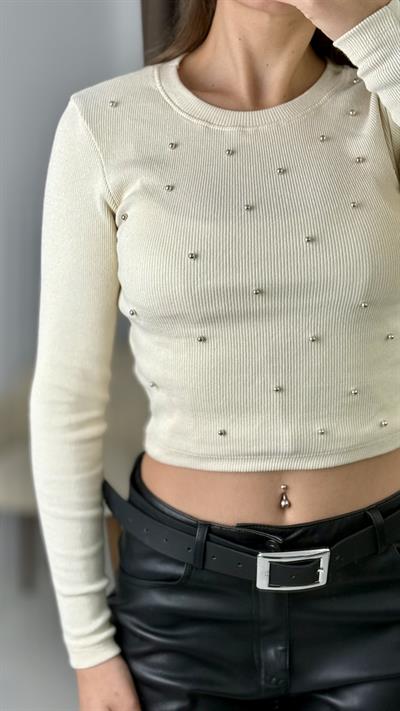 Kadın Uzun Kollu Kaşkorse Taşlı Uzun Bluz Bej