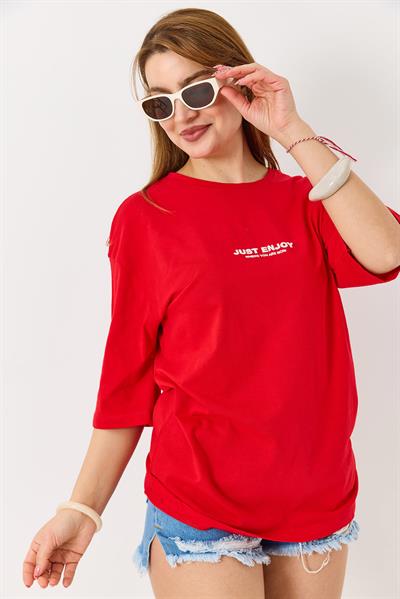 Kadın Yazı Baskılı Bisiklet Yaka Tshirt Kırmızı