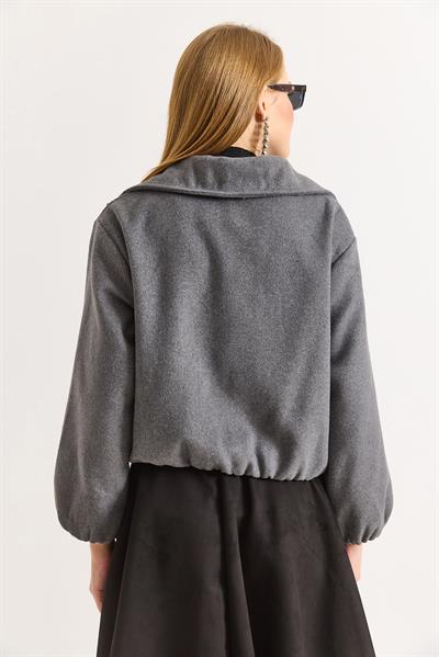 Gri Fermuarlı Cepli Polo Yaka Kaşe Bomber Mont