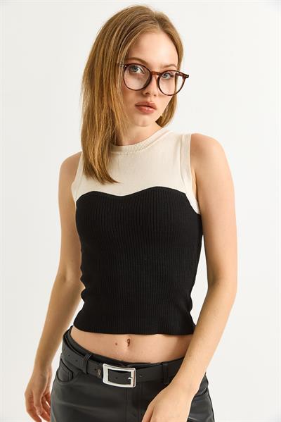 Çift Renk Bisiklet Yaka Triko Bluz Siyah