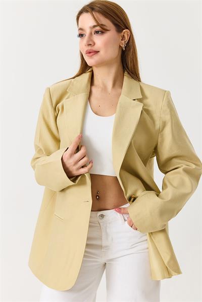 Kadın Oversize Tek Düğmeli Astarlı Blazer Ceket Soft Hardal
