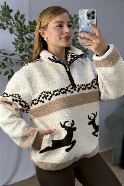 Kadın Desenli Dik Yaka Yarım Fermuarlı Polar Swearshirt Kahverengi