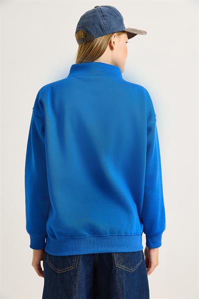 Kadın Yaka Fermuarlı 2 İplik Sweatshirt Saks