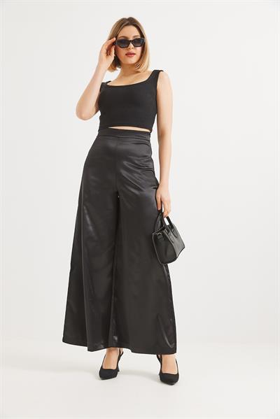 Kadın Bol Paça  Saten Pantalon Siyah