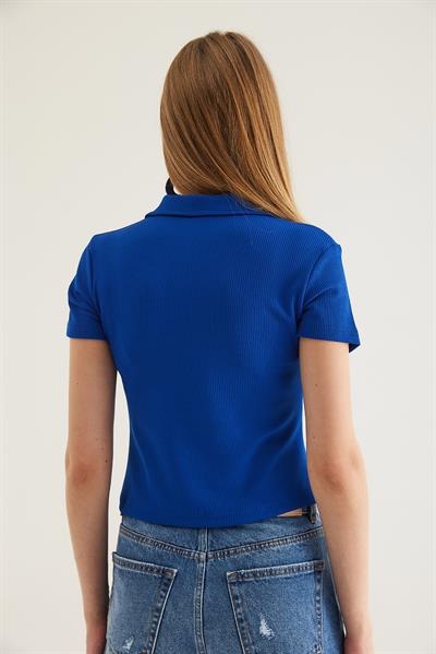 Polo Yaka Kadın Kısa Kol Bluz Saks