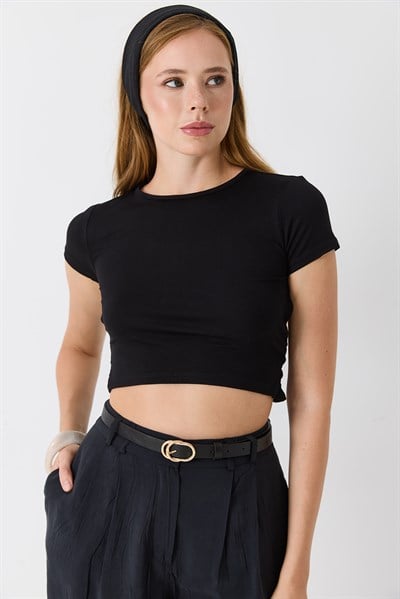 Kadın Bisiklet Yaka Sırt Dekolteli Crop Bluz Siyah