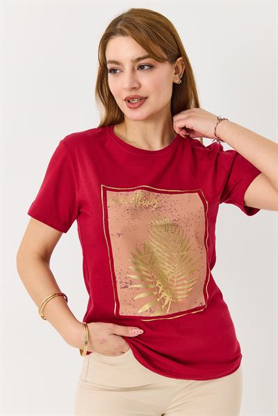 Kadın Palmiye Parlak Baskılı Tshirt Bordo