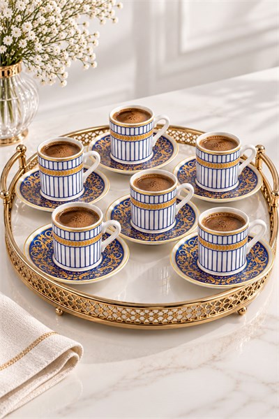 12 Parça 6lı Çizgi/Çini Desenli Yıldız Motifli Fincan Takımı Beyaz
