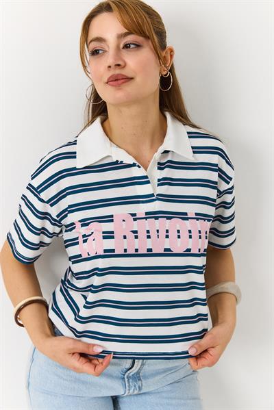Polo Yaka Çizgili Baskılı Kısa Kollu Tshirt  İndigo