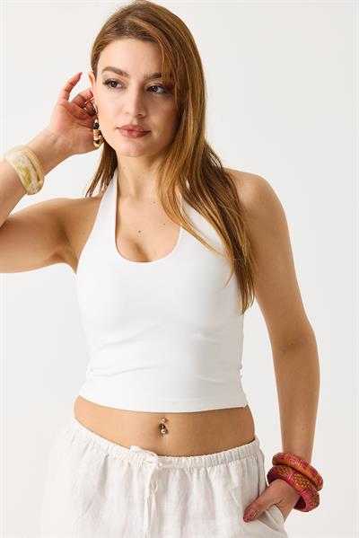 Kadın Boyundan Askılı  Crop Bluz Beyaz
