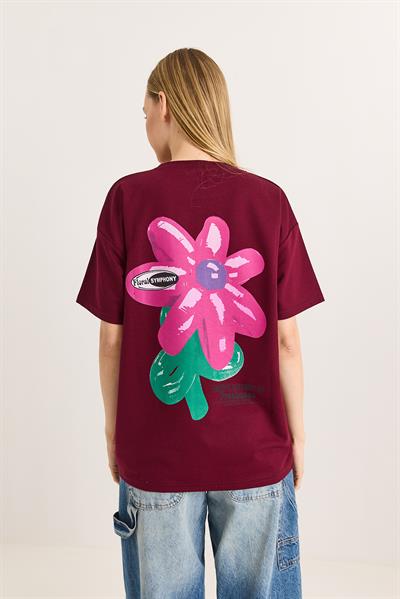 Baskılı Bisiklet Yaka Basic Tshirt Bordo