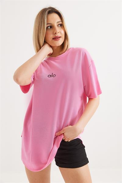 Eteği Oval Kesim Bisiklet Yaka Tshirt  Pembe