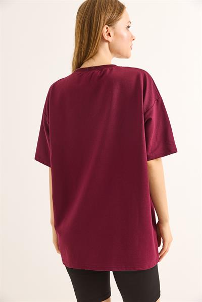 Rahat Kalıp Baskılı Kadın Tshirt Bordo