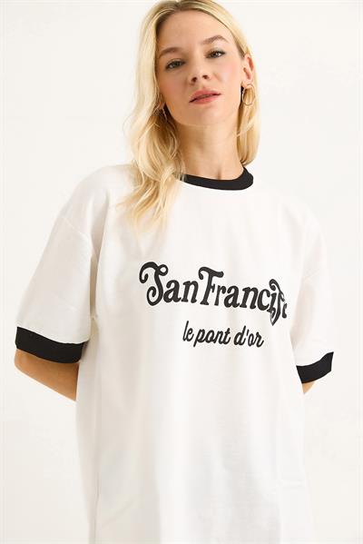 Kolları Garnili Baskılı  Oversize Kadın Tshirt Beyaz