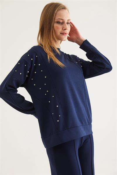 Taş Detaylı Modal Sweatshirt Lacivert