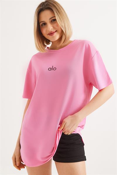 Eteği Oval Kesim Bisiklet Yaka Tshirt  Pembe