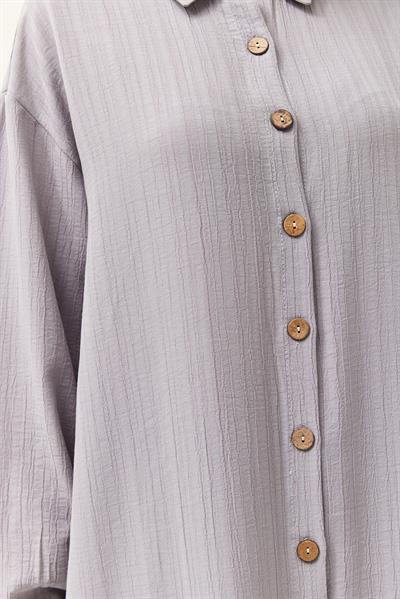 Keten Düğmeli Uzun Tesettür Tunik Gri