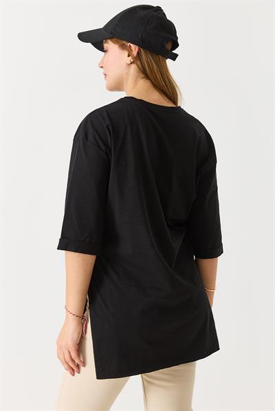 Kadın Figürlü Baskılı Bisiklet Yaka Tshirt Siyah