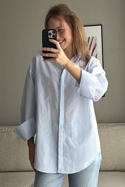 Çizgi Desenli  Rahat Kesim Kadın Gömlek Mavi