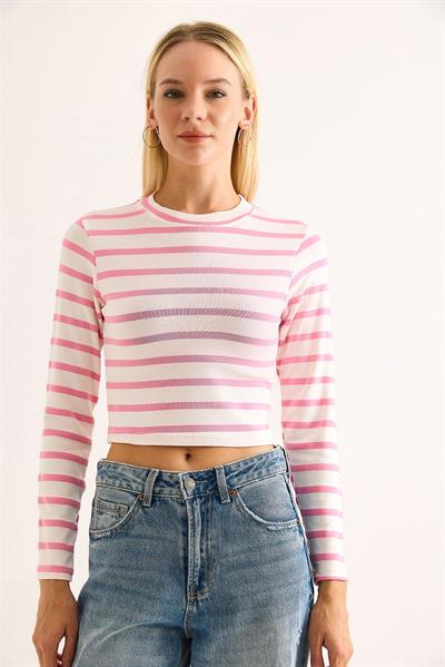 Kadın Çizgi Desenli Crop Bluz Pembe