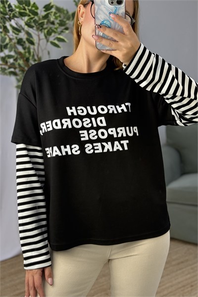 Kadın Yazı Baskılı Kolları Çizgili Bisiklet Yaka Tshirt Siyah