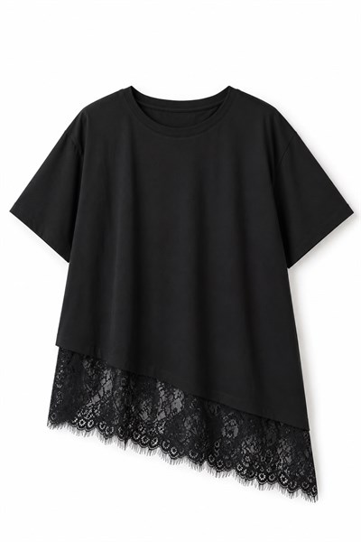 Kadın Asimetrik Dantel Detaylı Bisiklet Yaka Kısa Kollu Tshirt