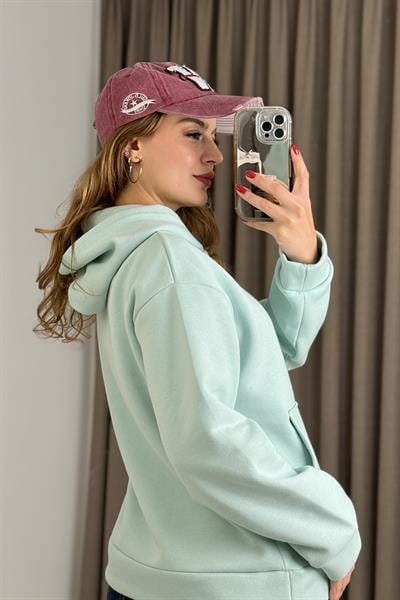 Üç İplik Mavi Şardonlu Kangru Cepli Kapişonlu Sweat