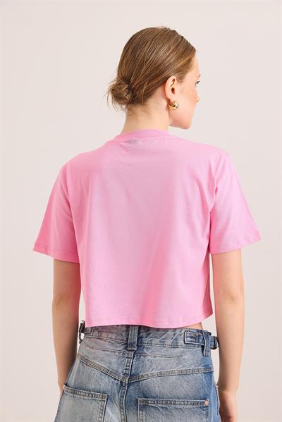 Nakışlı Örme Pamuk Crop Tshirt Pembe