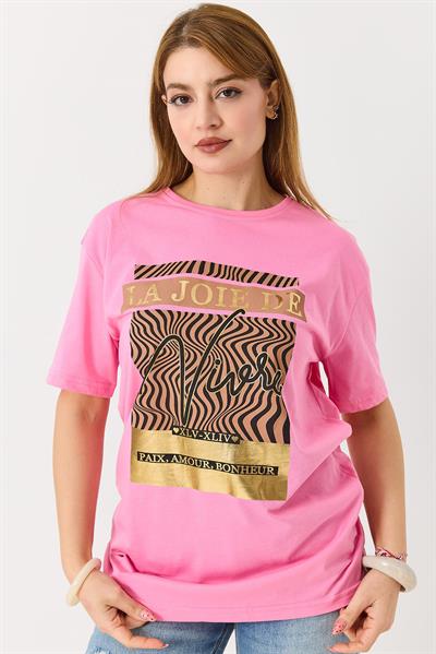 Kadın Parlak Yazılı Baskılı Tshirt Pembe