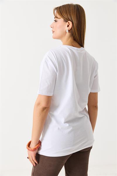 Kadın Baskılı Bisiklet Yaka Kısa Kol Tshirt Beyaz