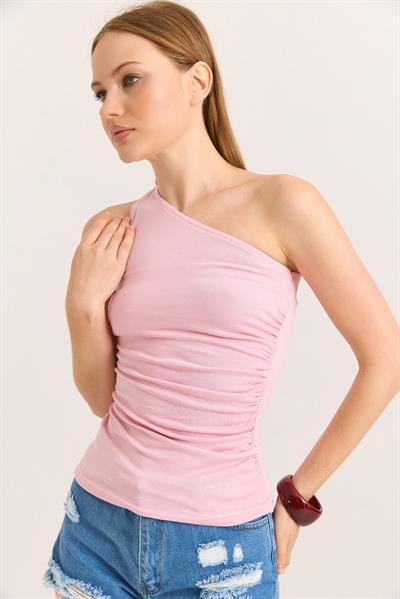 Tek Omuz Esnek Kumaş Bluz Pembe