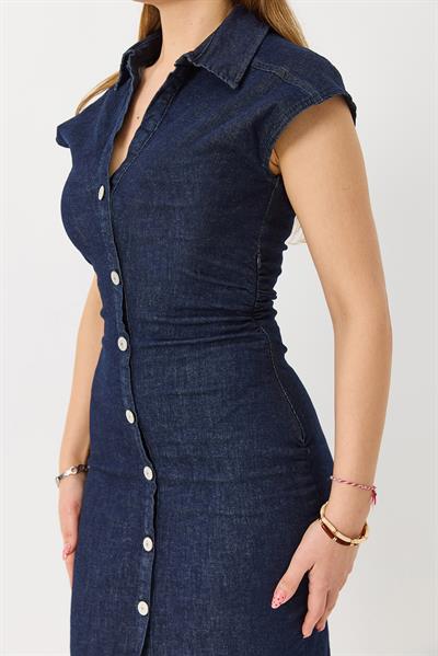 Kadın Drape Detaylı Likralı Midi Boy Denim Elbise Açık Lacivert