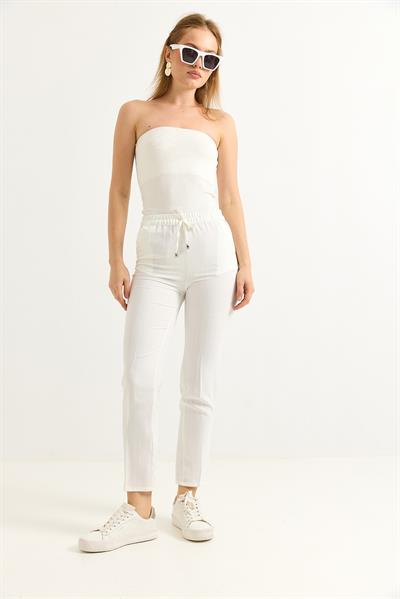 Beli Lastikli Çizgi Desenli Krep Pantolon Beyaz