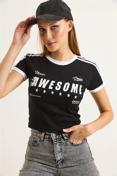 Bisiklet Yaka Baskılı Crop Tshirt Siyah