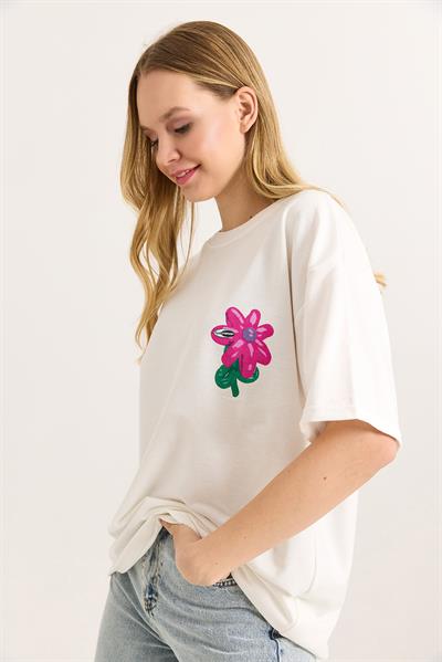 Baskılı Bisiklet Yaka Basic Tshirt Beyaz