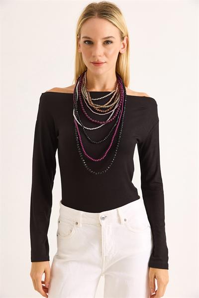 Kadın Geniş Yaka Uzun Kollu Bluz Siyah