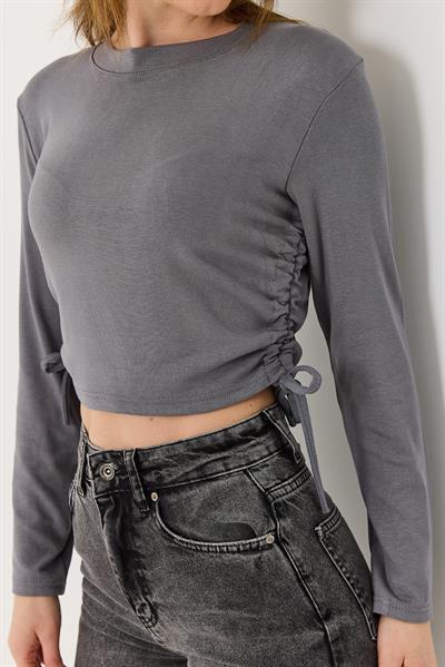 Yanları Büzgülü Uzun Kollu Antrasit Bluz 