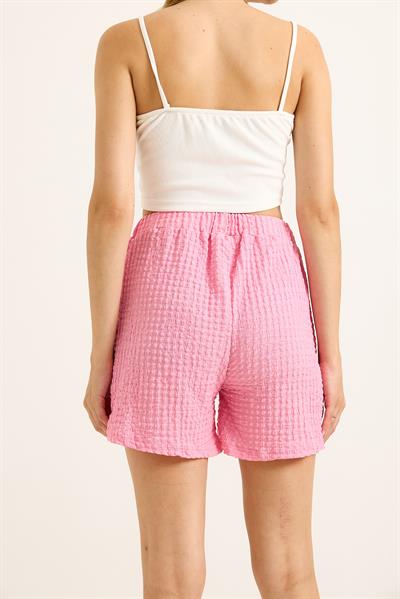 Gofre Kumaş Bel Lastikli Kadın Şort Pembe