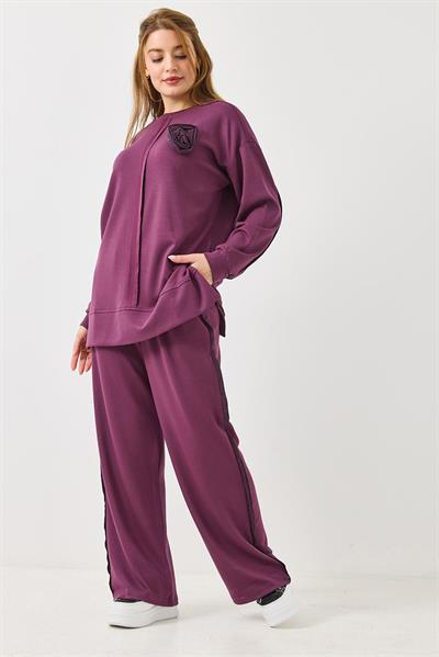 Kadın Bisiklet Yaka Gül Detaylı Model Takım Mürdüm