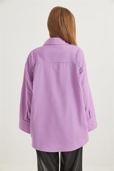 Ayıcık Nakışlı Oversize Basic Gömlek Mor