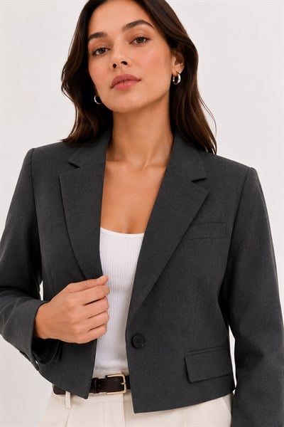 Kadın Crop Cep Detaylı Düğmeli  Blazer Ceket Antrasit 