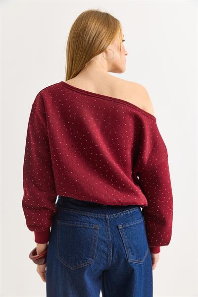 Kadın Bordo Serpme Taşlı  Kayık Yaka Üç İplik Şardonlu Sweat